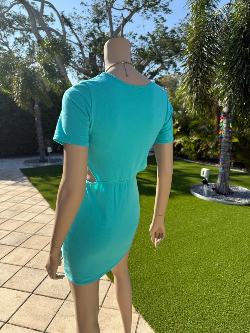 Turquoise Cotton Twist Knot Front Cutout Mini T-Shirt Dress Short Sleeve size M - Picture 3 of 6